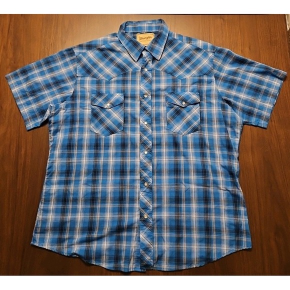 Wrangler Other - Wrangler Blue Plaid Pearl Snap Up Short Sleeve Western Shirt Mens XL